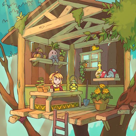 ArtStation - Tree House Shop, Amy Gerardy Tree House Cartoon, Treehouse Interior, House Cartoon, Cartoon Trees, House Shop, Tree Houses, Tree House, Great Britain, Shop House