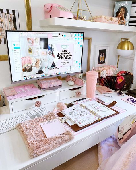 Work From Home Aesthetic Pink, Pink And White Computer Set Up, Pink Imac Desk Setup, Pink Keyboard Desk Setup, Office Work Desk, Pink Officce Desk Target, Diy Organization Ideas, Wfh Office, Girly Office