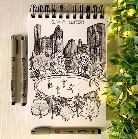 Ice Rink Drawing, Winter Cityscape, Cityscape Landscape, Ice Skating Rink, Landscape Sketch, City Drawing, Ice Rink, Ice Skaters, Little Doodles