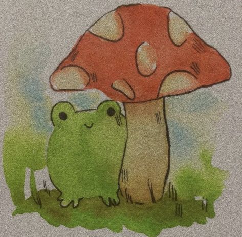 Mushroom And Frog Painting, Small Cute Watercolor Paintings, Simple Mushroom Painting Ideas, Cottagecore Drawings Simple, Watercolor Art Doodles, Watercolor Fantasy Art Easy, Cottage Core Watercolor Paintings, Cute Drawings Watercolor, Mushroom Watercolor Paintings Easy