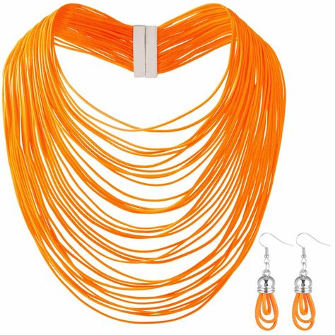 PRICES MAY VARY. WHAT YOU WILL GET: Include a 38 layers wax line choker necklace and a pair of same color women's earrings, which can be worn together or separately. Why not create your own style with this unique vivid color statement necklace set? It is a fashion must-have, pick it to show your own charm and unique characters. MANY COLOR FOR YOUR CHOICE: (red ): love and romance. (blue): honest, kind. (yellow): friendship, joy, get well. (orange): desire, enthusiasm, passion. (green): pure, sim Handmade Presents, Unique Characters, Layered Choker Necklace, Orange Necklace, Layered Chokers, Necklace Chunky, Love And Romance, Necklace Statement, Vivid Color