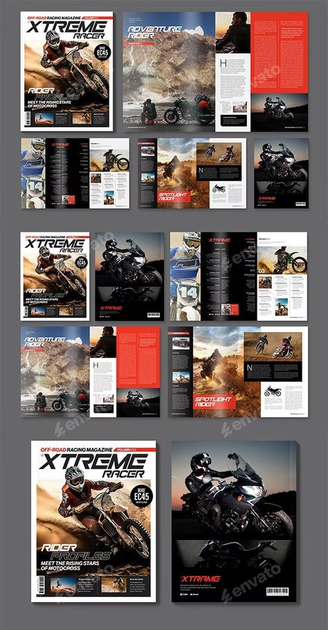 Extreme Sports Motocross Magazine Template, Print Templates | GraphicRiver Magazine Sport, Font Logotype, Motorcycle Magazine, Magazine Layouts, Design Publication, Magazine Spreads, Newsletter Template, Cool Magazine, Car Ideas