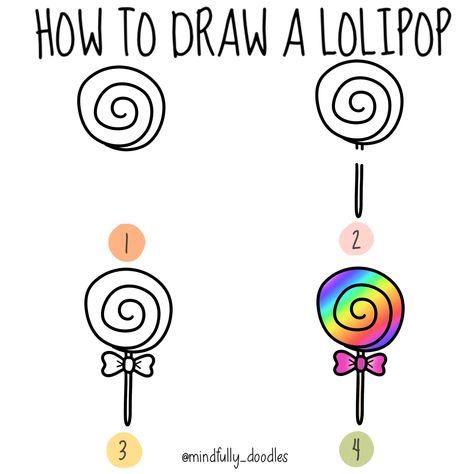 Draw this fun and simple lolipop with a step by step guide, art, digital art, artist Lolipop Art, Dotted Letters, Toddler Drawing, Tree Doodle, Flower Pattern Drawing, Easy Drawing Steps, Drawing Lessons For Kids, Cute Easy Doodles, Cute Disney Drawings