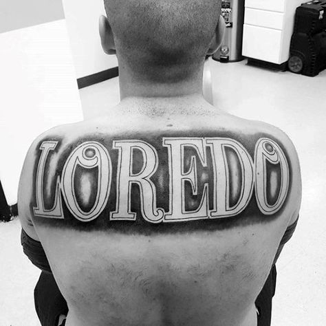 Mens Loredo Outline Black Ink Last Name Tatoo On Back Last Name Tattoos On Back, Last Name Tattoos For Men On Back, Last Name Tattoos For Men, Name Tattoos On Back, Tattooed Couples, Boog Tattoo, Tattooed Couples Photography, Last Name Tattoos, Cool Last Names