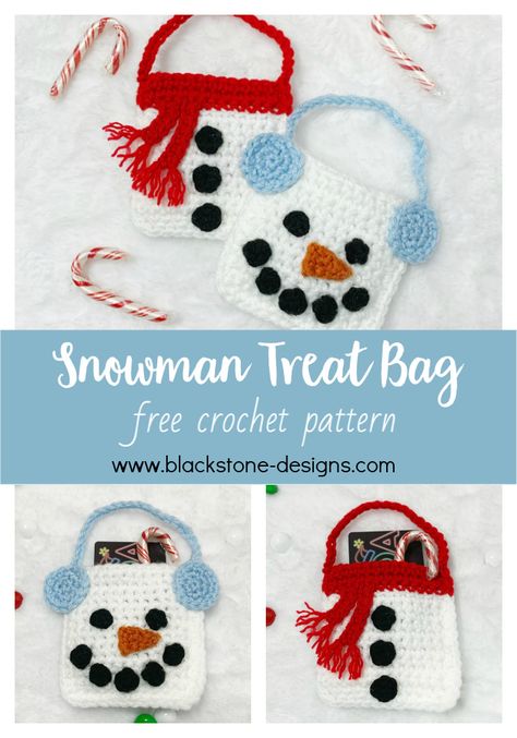 Snowman Treats, Holiday Crochet Patterns, Crochet Knit Top, Crochet Ornament Patterns, Christmas Crochet Patterns Free, Christmas Treat Bags, Crochet Christmas Gifts, Christmas Gift Card Holders, Crochet Snowman