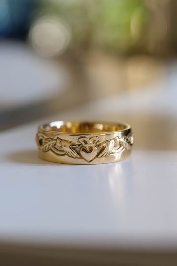 Wedding bands sets | Eden Garden Jewelry™ Queer Wedding Bands, Sun And Moon Wedding Bands, Cottagecore Wedding Band, Engraved Thick Wedding Bands, Welsh Gold Wedding Band, Wlw Wedding, Gold Claddagh Ring, Celtic Wedding Bands, Unusual Weddings