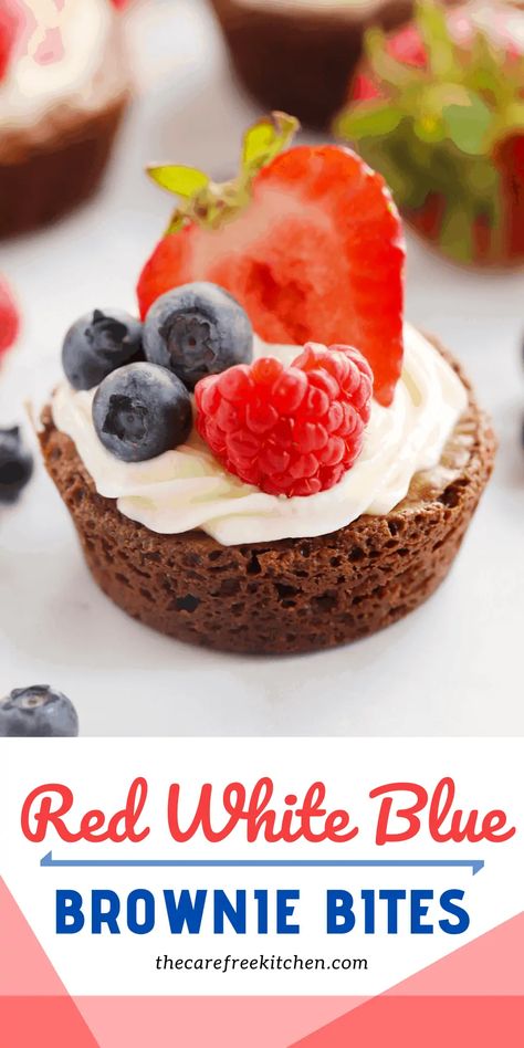 These Brownie Bites with cream cheese frosting are the perfect two-bite treat for any occasion. Here, we’ve topped them with blueberries and strawberries for a red, white and blue 4th of July theme, but these little beauties taste great topped with just about anything sweet. #thecarefreekitchen #brownies #bitesize #dessert #chocolate #creamcheesefrosting #redwhiteandblue Brownie Kabobs 4th Of July, Brownie Bites With Strawberries, Brownie 4th Of July Dessert, Brownie Bites With Frosting, Chocolate Creamcheesefrosting, Brownie Cheesecake Bites, Two Bite Brownies, Mini Brownie Bites, 4th Of July Theme