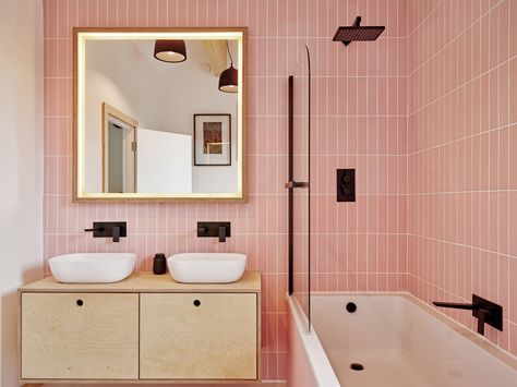 Pink Brick Tile Bathroom, Small Pink Bathroom, White Floor Tiles, Bathroom Theme, Wet Room Flooring, Bath Fan, Small Basin, Double Sinks, White Tile Floor