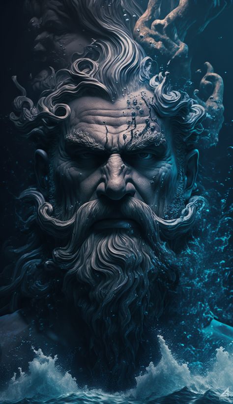 Greek God Poseidon Art, Art Mythical Creatures, Poseidon Greek Mythology, God Neptune, God Of Water, Greek Mythology Statue, Greek God Tattoo, Mythical Art, Poseidon Tattoo