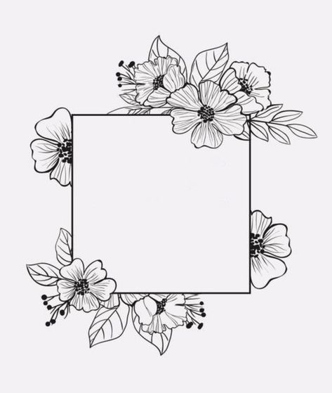 Simple Flower Pen Drawing, Leaf Frame Drawing, Floral Boarder Drawing, Flowers Boarder Design, Flowery Lettering, Floral Design Drawing Border, Floral Frame Drawing, Black And White Outline Drawings, Floral Border Drawing