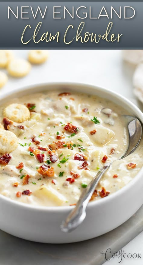 clam chowder in a bowl with bits of bacon. Canned Clams, Fresh Clams, Savory Bacon, Clam Chowder Recipe, Cooked Potatoes, New England Clam Chowder, Chowder Recipes Seafood, Canned Soup, Chowder Soup