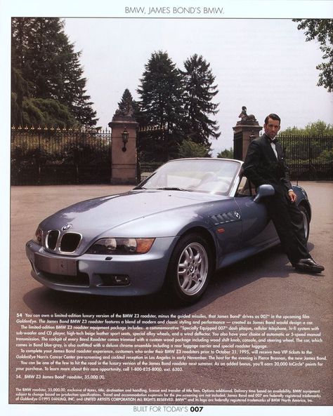 @neimanmarcus Christmas Fantasy 1995: limited edition luxury version of the BMW Z3 roadster that James Bond drove in "GoldenEye," for a cool $35,000. Z3 Bmw, Bmw Z3 Roadster, Bmw Z8, Panther Tattoo, Men's Suits, Bmw Z3, Ferdinand Porsche, Bond Films, Bmw Z4