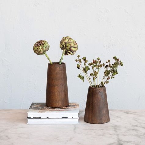 PRICES MAY VARY. A pair of rustic and charming wood vases that are made from found reclaimed wood and have a distressed finish that gives them a vintage and unique look This set of vases is ideal for farmhouse, French country, boho, global, or modern style, and can add some texture and character to any space These vases can be used as decorative accents on their own or to hold dried or artificial flowers, plants, or branches Made of found reclaimed wood that is durable and easy to clean The larg Wood Vases, Wood Vase, Home Accessory, Holding Flowers, Creative Co Op, Salvaged Wood, Antique Farmhouse, Joanna Gaines, Vase Set