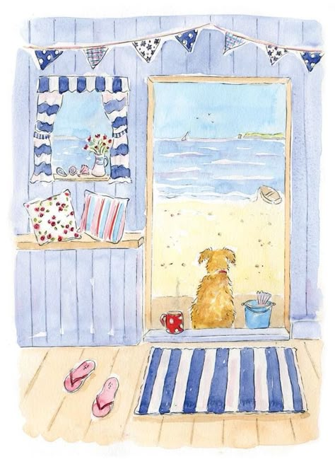 Painted Dog House, Watercolour Beach, Seaside Art, Watercolour Ideas, Watercolor Paintings For Beginners, 강아지 그림, Beach Huts, Watercolor Paintings Tutorials, Happy Paintings