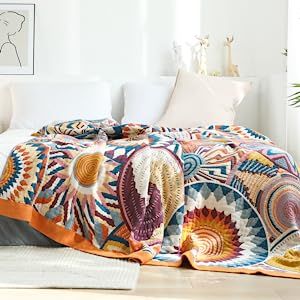 VANJOROY Double-sided Luxury Bohemian Sofa Bed Large Throw Blanket,100% Pure Organic Cotton Woven Colorful Throw for Armchair, Sofa and Bed. (150×200CM(60×80In)) Cotton Gauze Blanket, Mandala Blanket, Blanket Roll, Boho Throw Blanket, Gauze Blanket, Unique Yarn, Boho Throws, Plaid Throw, Bed Throw Blanket