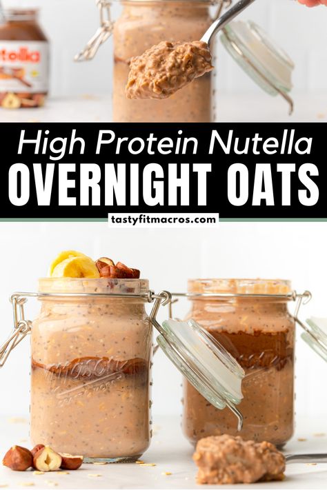 OMG, just tried these unbelievably high protein Nutella overnight oats and I'm in love! It has over 40g of protein and took less than 5 minutes to make. It tastes like dessert but it's healthy for you. This has been a lifesaver as a grab and go breakfast during this busy week. Seriously, who knew getting your protein fix could taste this good and be this easy. High Protein High Fiber Overnight Oats, Nutella Overnight Oats Healthy, Protein Packed Overnight Oats, Protein Nutella, Nutella Overnight Oats, Overnight Oats Protein, Protein Powder Muffins, Macros Recipes, Protein Powder Cookies