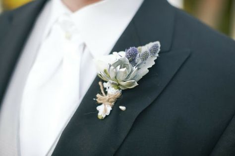 LOVE!  Groom's Boutonniere | Silver Succulents, Lisianthus, blue thistle and dusty miller | http://www.fabulouslywed.com/p/fabulousness_27.html Lisianthus Boutonniere, Arrangement Flowers, Blue Thistle, January Wedding, Dusty Miller, Groom Boutonniere, Boutonniere Wedding, Flowers Wedding, Wedding Gallery