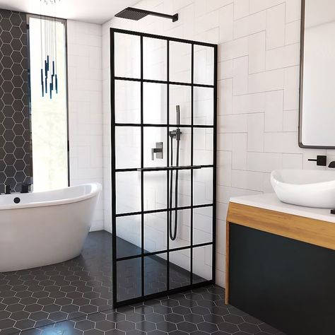 DreamLine French Linea Matte Black 34-in W x 72-in H Frameless Fixed Shower Door in the Shower Doors department at Lowes.com Walk In Shower Designs, Window Pane, Shower Door, The Shower, Shower Design, Modern Industrial, Walk In Shower, Shower Doors, Master Bath