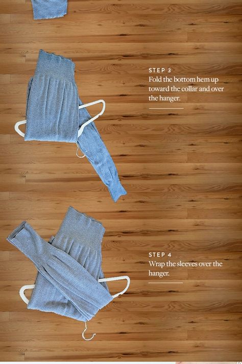 The Sweater Hanger Trick That Just Might Blow Your Mind via @PureWow How To Fold A Sweater Over A Hanger, How To Hang A Sweater On A Hanger, Folding Sweaters, Alterations Clothing, How To Fold Sweaters, Sweater Hangers, Hang Sweaters, Clean Mind, Sweater Organization