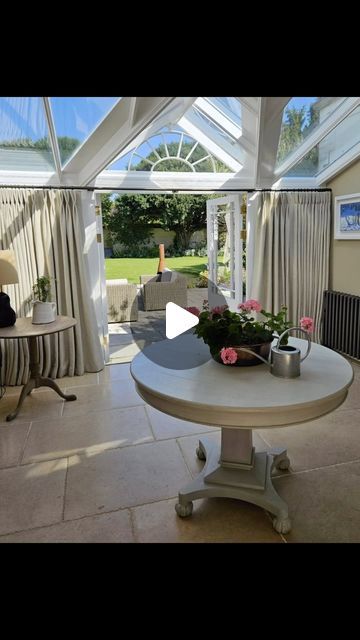 Melissa Hutcheson Interiors on Instagram: "Just installed this feat of engineering into a fabulous conservatory. The sloping timber ceiling created some careful planning, solved with the ingenious use of @bradleycollection  Float round track and teamed with @colefaxandfowler Colefax & Tyndall textural linen curtains.  . . #conservatorygoals #interiordecor #curtainstyle #handmadecurtains #oxfordcurtainmaker #oxfordcurtains #cotswolds #cotswoldscurtainmaker" Conservatory Curtains, Handmade Curtains, Timber Ceiling, Curtain Headings, Linen Curtains, St Mary, Reno, Float, Interior Decorating