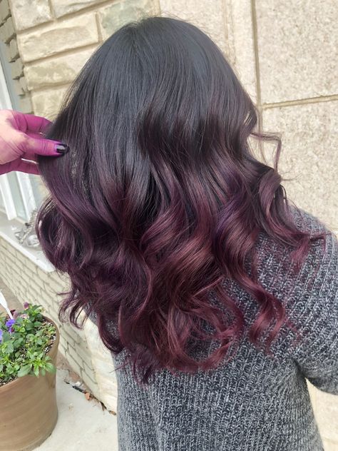 Purple Hair Dye On Dark Hair, Brown To Plum Ombre Hair, Burgundy Ombre Hair Short, Violet Copper Balayage, Black And Red Balayage Short Hair, Red Violet Ombre Hair, Deep Violet Raspberry Balayage, Red Purple Balayage, Red Violet Hair Color Balayage