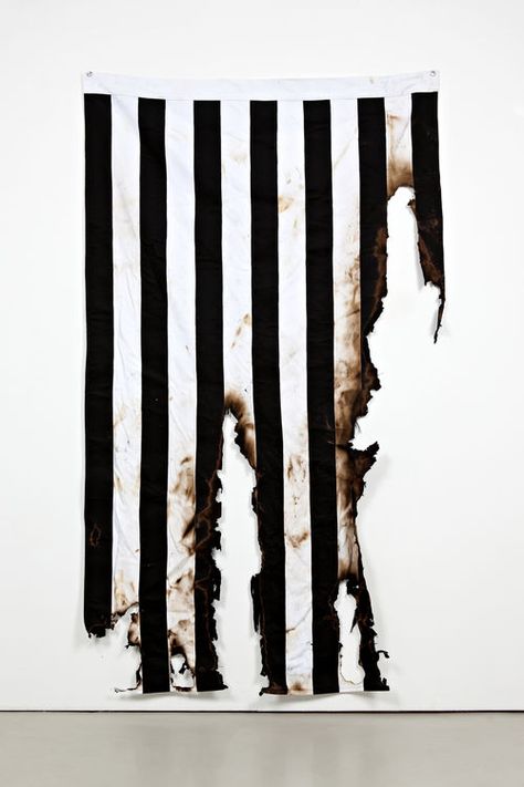 Gardar Eide Einarsson, Burned Flag (Sons of Liberty), 2011, Burnt textile, 250 x 150 x 0.5 cm / 98.43 x 59.06 x 0.39” via Standard (Oslo) Portfolio Project, Flag Art, Black And White Stripes, Gothic Architecture, Prague, Installation Art, Art Images, Contemporary Art, Art Inspiration