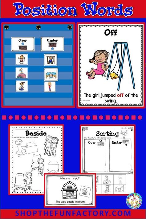 Position words tell us where things are. Help your preschool and kindergarten students understand location words with the whole group, small group, center activities and worksheets in this unit. A sample anchor chart, posters to display in your classroom and an emergent reader will keep your kids engaged and learning. #pre-kpositionwords #kindergartenpositionwords #backtoschool Position Words Worksheet, Positional Words Kindergarten, Translations Math, Positional Words Activities, Positional Words, Words Worksheet, Kindergarten Resources, Vocabulary Practice, Word Practice