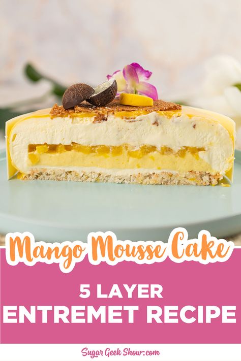 Mango Mousse Cake French Christmas Dinner, Mango Mouse, Mango Coconut Cake, Mango Compote, Entremet Recipe, Grapefruit Cake, Entremet Cake, Desserts Mousse, Mango Mousse Cake