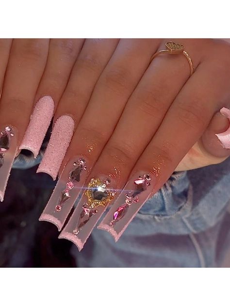 Multicolor  Collar    Color Nails Embellished   Nail,Hand & Foot Care Colorful Birthday Nails, Pink French Design, Pink Bling Acrylic Nails, Ongles Bling Bling, Birthday Nail Designs, Long Square Nails, Acrylic Toe Nails, Long Acrylic Nail Designs, Ombre Nails Glitter