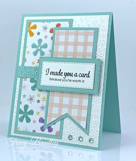 Brighten Your Day Cards Diy, Cards With Banners, Stampin Up Tracy Bradley, Stampin Up Scrap Paper Cards, Just A Note Card Ideas, 3x3 Cards Stampin Up Ideas, Handmade Note Cards, Stampin Up Simple Cards, Stampin Up Designer Paper Cards