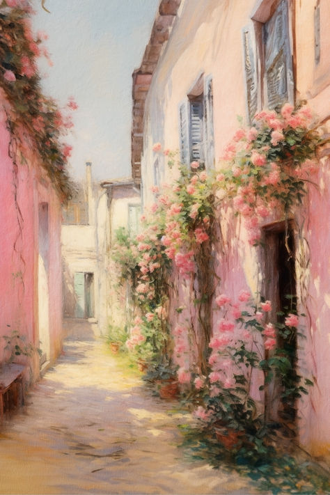 A vintage painting of a european alleyway with flowers growing up the sides of the walls. Vintage Pastel Aesthetic, Cute Flower Drawing, Pink Canvas Art, Flowers Growing, Artsy Aesthetic, Italy Wall Art, Watercolor Paintings For Beginners, Flower Art Drawing, Pink Painting