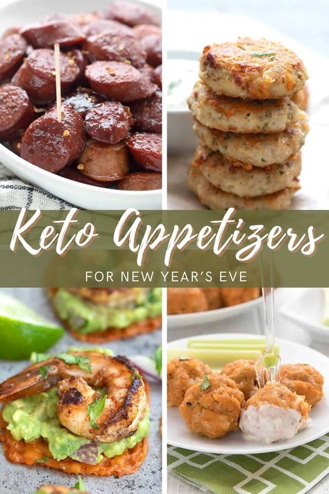 A collage of 4 images with keto appetizers for New Year's Eve. Appetizer Keto Recipes, Keto Hot Appetizers, Keto Party Appetizers, Keto Canapes, Low Calorie Appetizers For Party, Keto Friendly Appetizers, Keto Finger Foods Appetizers, Keto Hors D’oeuvres, Low Carb Finger Foods