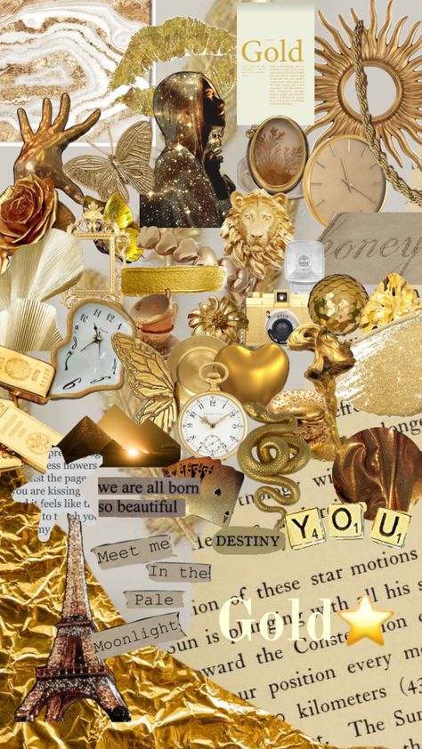 Gold wallpaper Gold Collage Aesthetic, Collage Prompts, Cautionary Tales, Celestial Aesthetic, Dream Anime, Aesthetic Background, Wall Papers, Gold Wallpaper, Aesthetic Collage