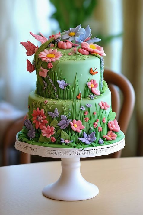 Floral Fantasy Cake, Flower Cake Fondant, Fairy Garden Cakes, Fantasy Cake Ideas, Garden Cakes Birthday, Fairy Garden Cake Ideas, Birthday Esthetics, Fairy Birthday Cakes, Fairy Cake Ideas