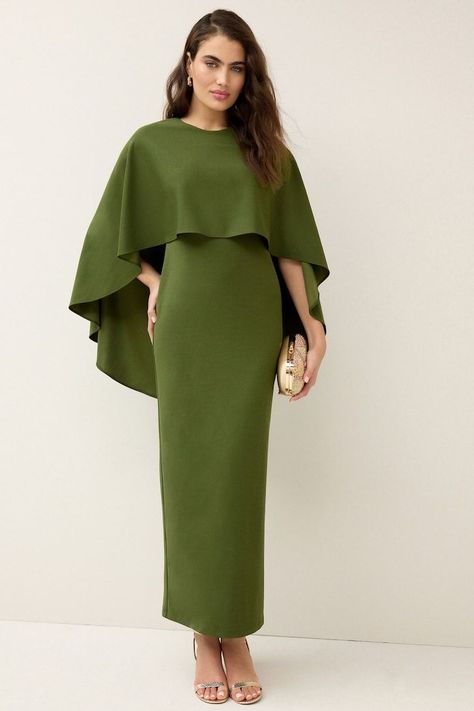 Mother Of The Bride Dresses With Cape, Cape Over Dress, Green Cape, Formal Maxi Dress, Dress With Cape, Olive Green Dress, Womens Trendy Dresses, Dressing Gown Robe, Occasion Dresses Wedding