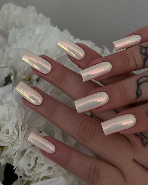 White Chrome Nails, Fashionable Nails, Les Nails, Inspiration Nails, Long Square Nails, Chrome Nails Designs, Gel Nails Diy, Simple Acrylic Nails, Nails Fashion