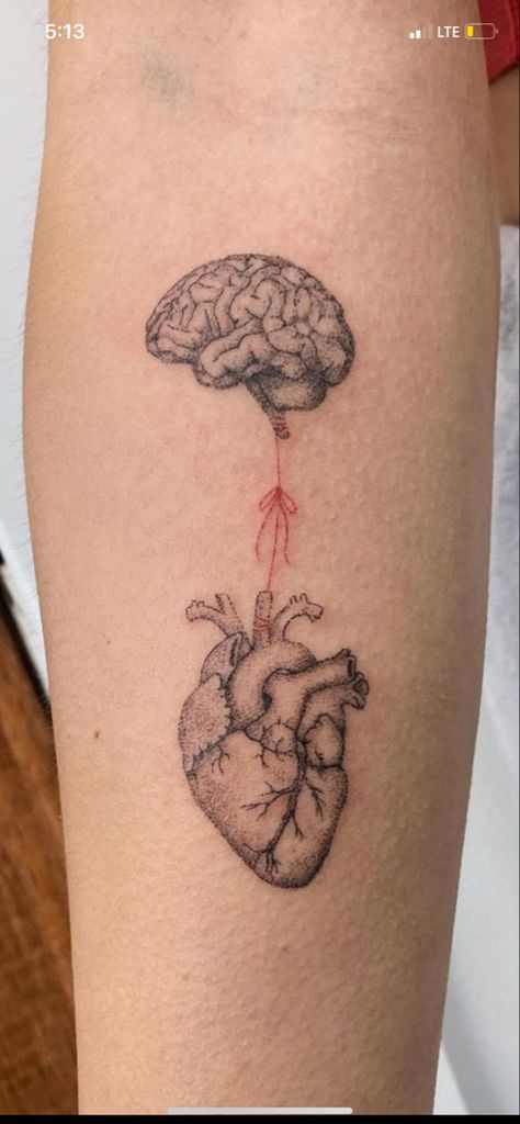 Small Real Heart Tattoo, Brain And Heart Tattoo Design, Anatomy Sleeve Tattoo, Brain Vs Heart Tattoo, Head Heart Tattoo, Brain Tattoo Psychology, Medical Tattoos For Women, Interlinked Tattoo, Heart And Mind Tattoo