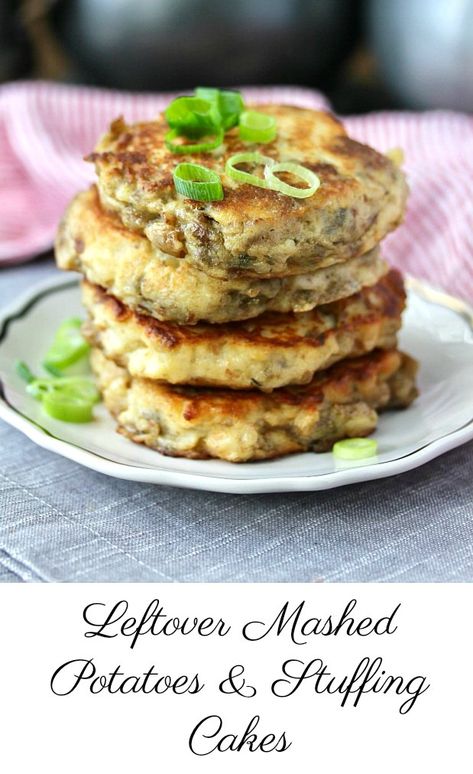 Leftover Mashed Potatoes and Stuffing Pancakes with scallions Leftover Stuffing Pancakes, Leftover Stuffing Recipes, Potatoe Recipe, Mashed Potatoes Thanksgiving, Stuffing Thanksgiving, Leftover Turkey Soup, Caramel Flan, Thanksgiving Leftover, Leftover Potatoes