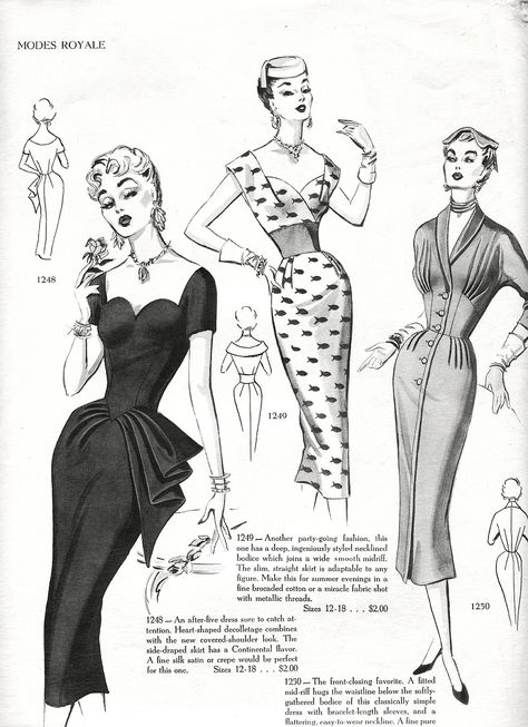 Vintage Fashion Sketches, Patron Vintage, 1950 Fashion, Fashion Illustration Vintage, Vintage Dress Patterns, Vintage Couture, Old Fashion, Fashion Design Sketches, Look Vintage