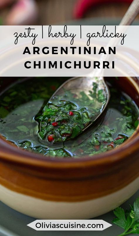 Authentic Argentinian Chimichurri is zesty, herby and garlicky, making it the perfect sauce to serve with grilled meat! A staple of South American cuisine, this chimichurri recipe is easy to make and ready in less than 5 minutes! Argentinian Chimichurri Sauce, Argentine Chimichurri Recipe, Chimichurri Recipe Argentina, Chimmichuri Recipes Easy, Authentic Argentinian Recipes, Argentinian Side Dishes, Authentic Chimichurri Sauce, Chimichuri Recipe, Argentinian Chimichurri Recipe