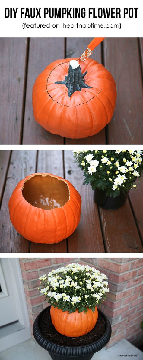 Un pot à fleurs citrouille. Pumpkin Flower Pot, Pumpkin Flower Pots, Fall Flower Pots, Fall Tones, Pumpkin Flower, Dekor Diy, Faux Pumpkins, Fall Deco, Have Inspiration