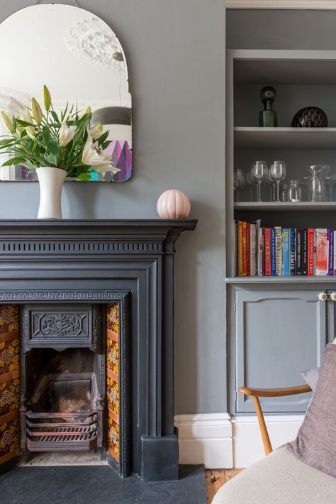 Little Greene Paint Company - Mid Lead with Black fireplace and vintage 40's mirror. Photos by Seb Barros Victorian Living Room, Paint Fireplace, Black Fireplace, Victorian Fireplace, Corner Fireplace, Fireplace Ideas, Home Fireplace, Fireplace Makeover, Western Europe