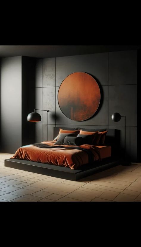 Black Cream Terracotta Bedroom, Orange Black White Bedroom, Gray And Rust Bedroom Ideas, Black And Burnt Orange Bedroom, Rust Colored Bedroom, Rust Bedroom Ideas, Black And Copper Bedroom, Black And Rust Bedroom, Red Black Bedrooms