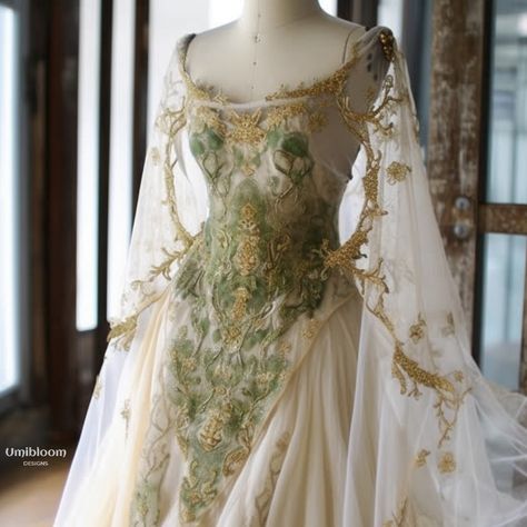 Hippy Prom Dress, Elven Princess Aesthetic, Green Fairy Wedding Dress, Fairy Wedding Dress Woodland, Woodland Fairy Wedding Dress, Fae Wedding Dress, Faerie Dresses, Ethereal Wedding Dress Goddesses, Green Fantasy Dress