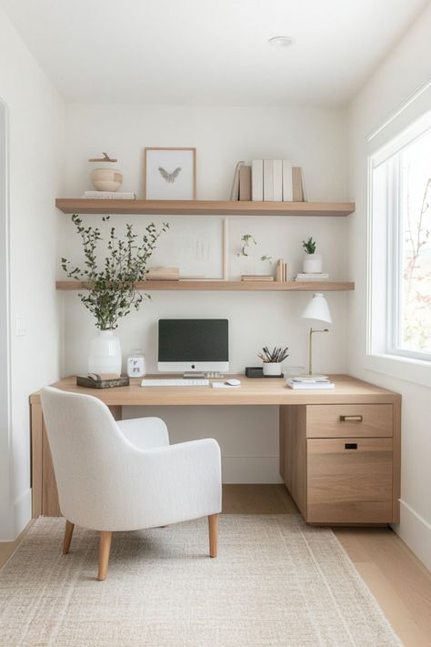 Try these simple Scandinavian decor ideas to give your home a real hygge feel. Work Room Ideas Home, Work Corner Living Room, Scandinavian Home Office Design, Home Office Ideas Aesthetic, Home Workstation Ideas, Work From Home Set Up, Neutral Study, Scandinavian Home Office, Minimal Home Office