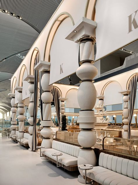 Built In Booth, Airport Restaurant, Glass Fountain, Istanbul Airport, Luxury Coffee, Boho Interior Design, Booth Seating, Column Design, Jw Marriott