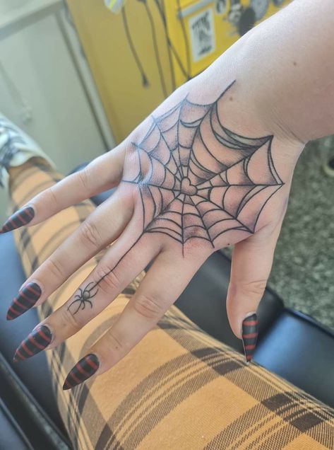 Spider Web Hand Tattoos For Women, Spiderweb Hand Tattoo, Halloween Hand Tattoos, Gwen Tattoo, Spider Web Hand Tattoo, Spider Hanging From Web Tattoo, Word Tattoo Designs, Full Hand Tattoo, Spider Web Tattoo