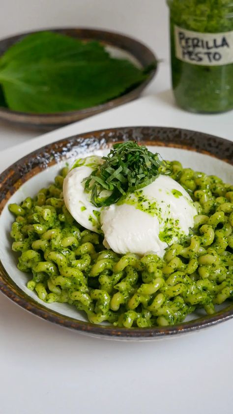 Perilla Pesto - Jecca Chantilly Collard Green Pesto, Perilla Recipes, Perilla Leaves Recipes, Italian Pesto, Perilla Leaves, Pesto Pasta Recipe, Pesto Pasta Recipes, Toast In The Oven, Toasted Pine Nuts