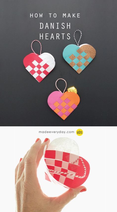 How to make Danish Heart Baskets - a holiday tutorial on MADE Everyday with Dana Willard Swedish Woven Hearts, Easy Heart Crafts For Kids, Danish Hearts Template, Woven Heart Craft, Paper Strip Hearts, Danish Crafts, Valentine Crafts For Adults, Workshops Ideas, Heart Weaving