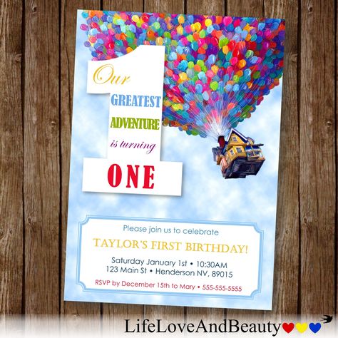 Disney Up Birthday Invitations, Up Birthday Party Invitations, Up 1st Birthday Party Theme Disney, Disney Up Invitations, Up Invitations Disney, Up Themed Party Pixar, Up Themed 1st Birthday Party, First Birthday Party Boy Themes, Up 1st Birthday Theme